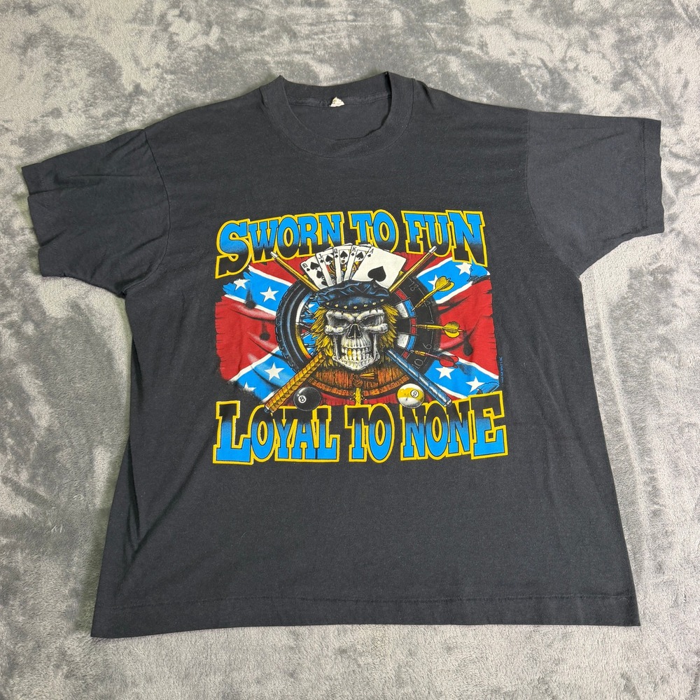 Vintage 1990 Screen Stars Sworn To Fun Loyal To None Skull T-Shirt XL Black